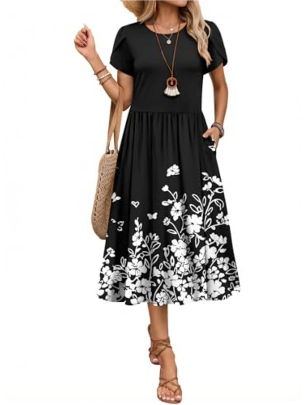 Casual Short Sleeve Flowy Midi Dress with Pockets A-Line Tshirt Beach Sundress